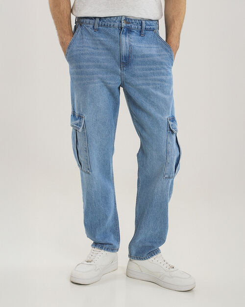 Jeans Straight Cargo Azul Cielo